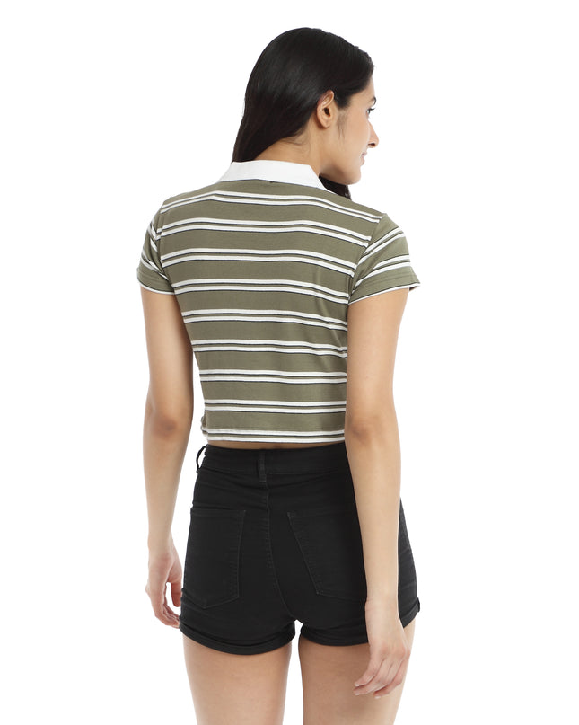 Order a stylish green & white striped crop polo T-shirt online.