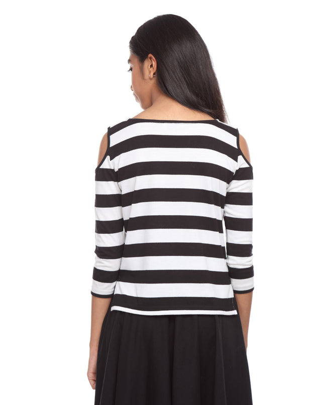 Black and White Striped Cold shoulder Top - GENZEE