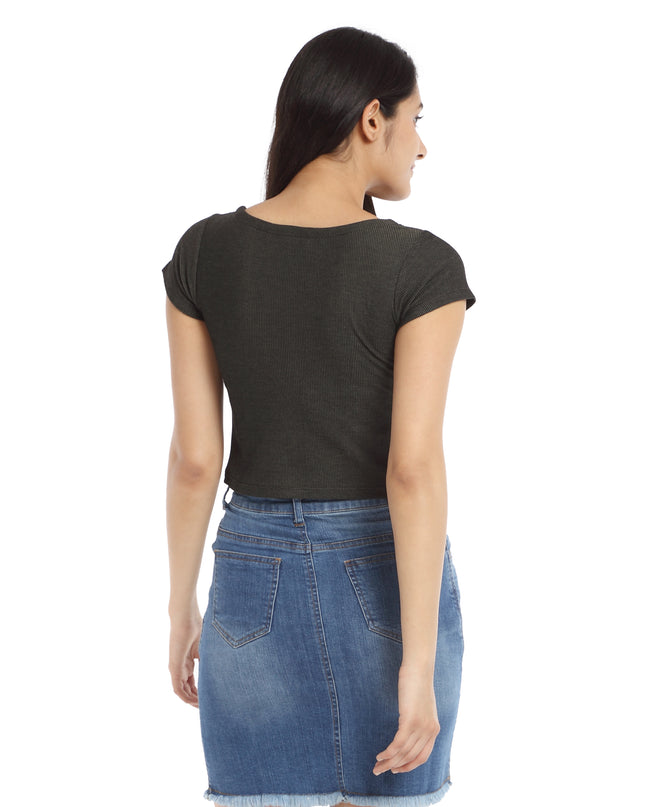 Trendy Green Ribbed Knit Crop Top with Buttons - Shop Now Online