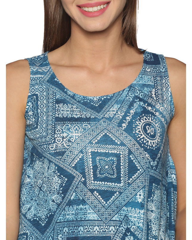 Sleeveless Turquoise Printed Knit Top