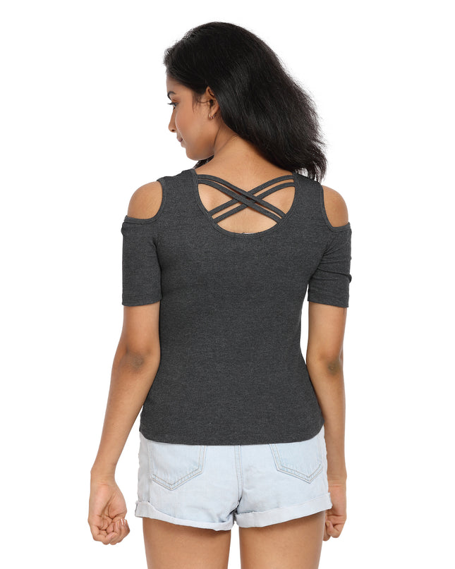 Half Sleeve Ribbed Cold Shoulder Grey Top with a Cross Back - GENZEE