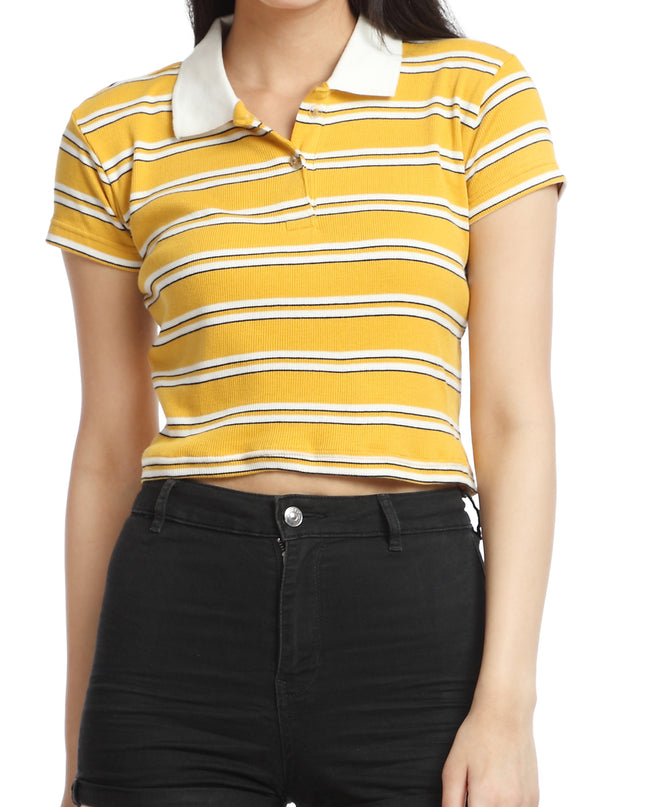 Trendy crop polo tee with yellow and white stripes, buy online today!