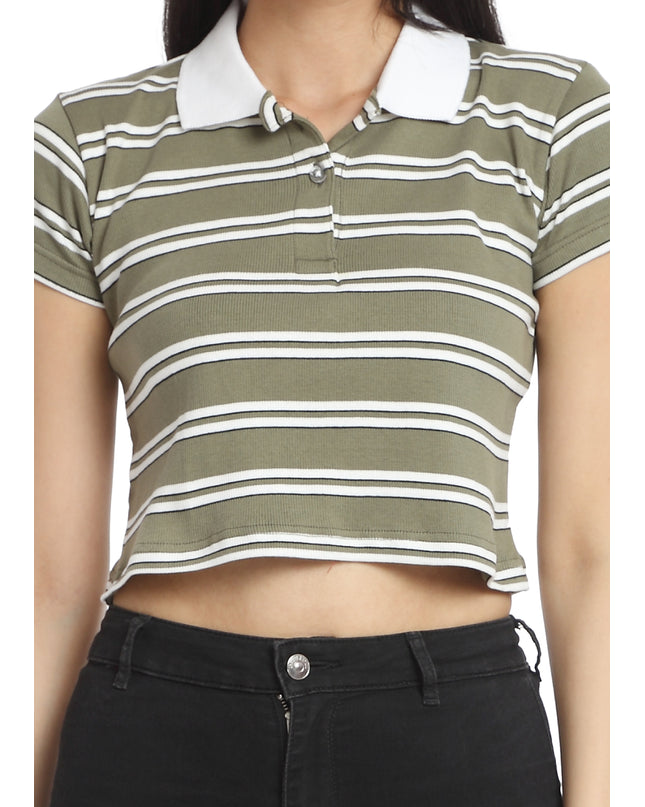 Purchase a green and white striped crop polo T-shirt online for a trendy look.