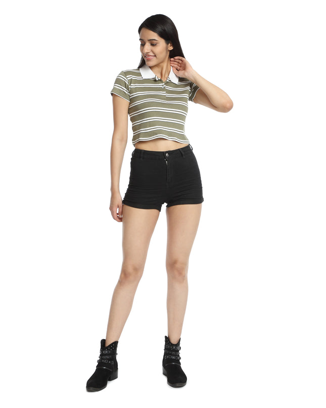 Shop Crop Polo T-shirt green&white striped online
