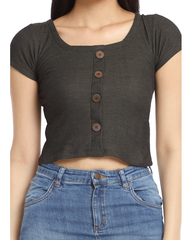 Shop Green Ribbed knit crop top with buttons online