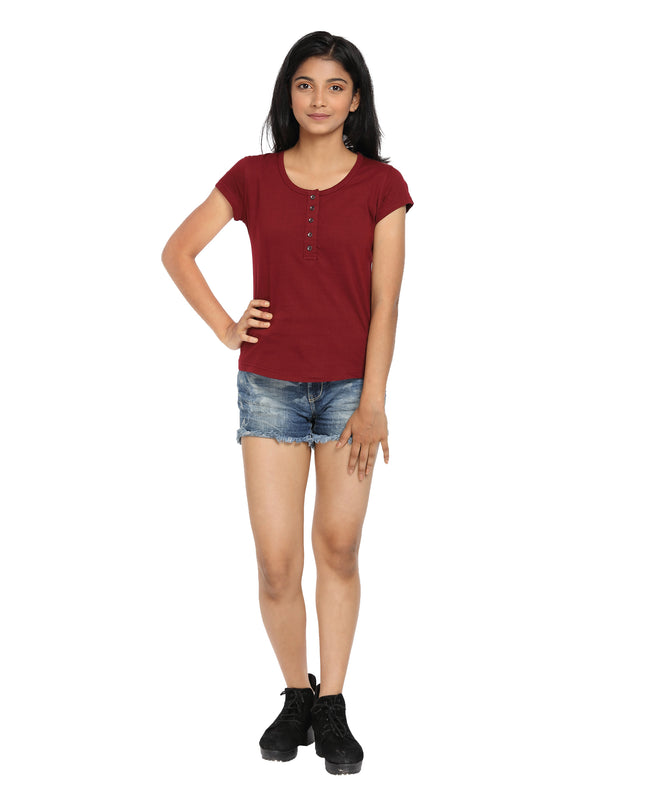 Maroon Knit Half Sleeves Round Neck Top with Buttons - GENZEE