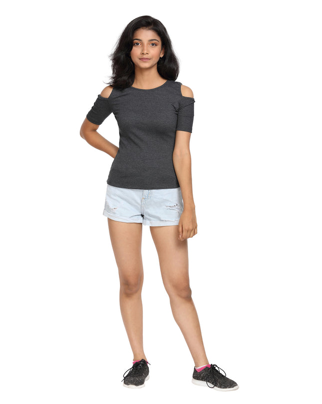 Half Sleeve Ribbed Cold Shoulder Grey Top with a Cross Back - GENZEE
