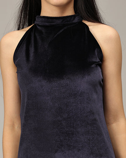 Shop Navy Short Halter Neck Velvet Dress online