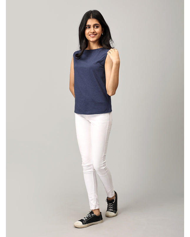 Navy Knit Boat Neck Top