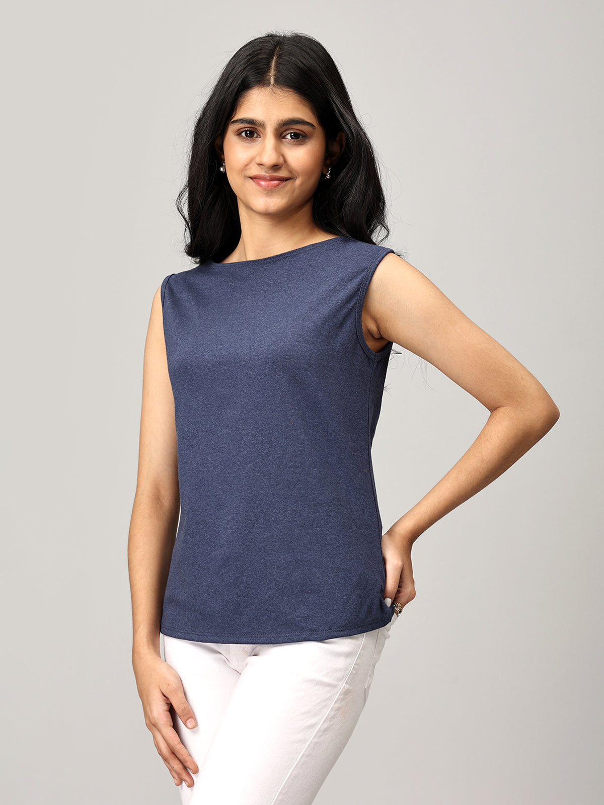 Navy Knit Boat Neck Top