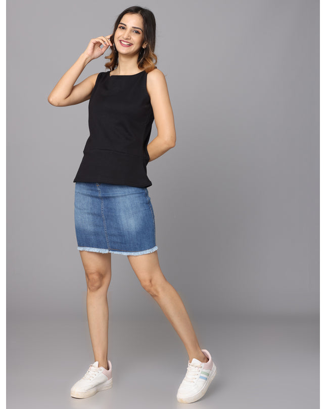 Chic Solid Knit Black Peplum Top Available for Online Purchase