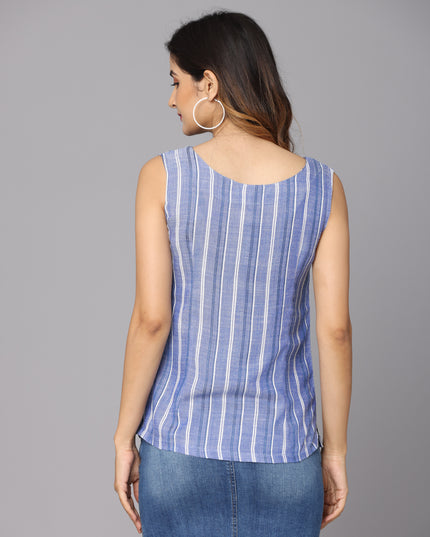 Grab this online exclusive blue striped sleeveless top and make a fashion statement