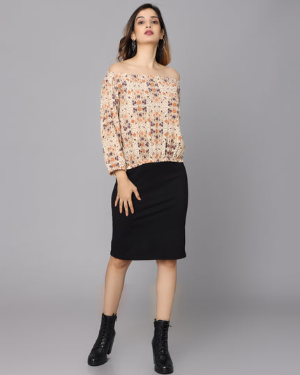 Upgrade Your Wardrobe with a Beige Printed Off Shoulder Top – Shop Now