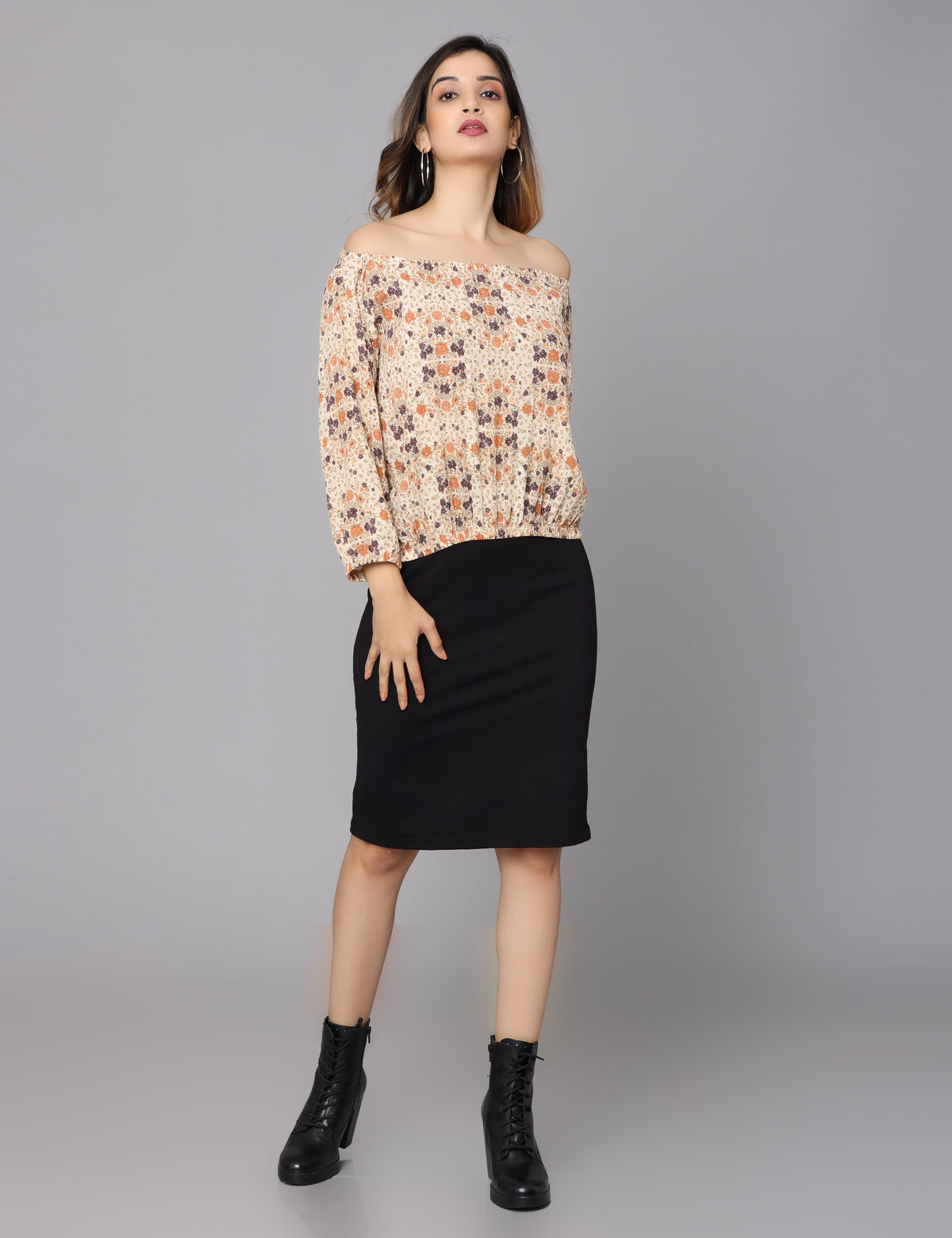 Upgrade Your Wardrobe with a Beige Printed Off Shoulder Top – Shop Now