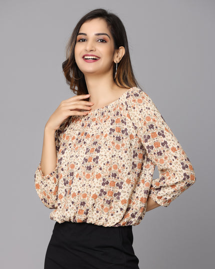 Shop the Latest Beige Printed Off Shoulder Top for a Chic Look