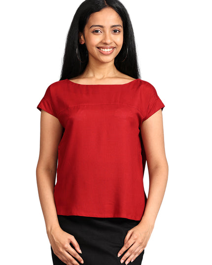 Buy Boat Neck Red Woven Top Online