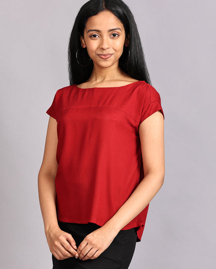 Get Boat Neck Red Woven Top Online