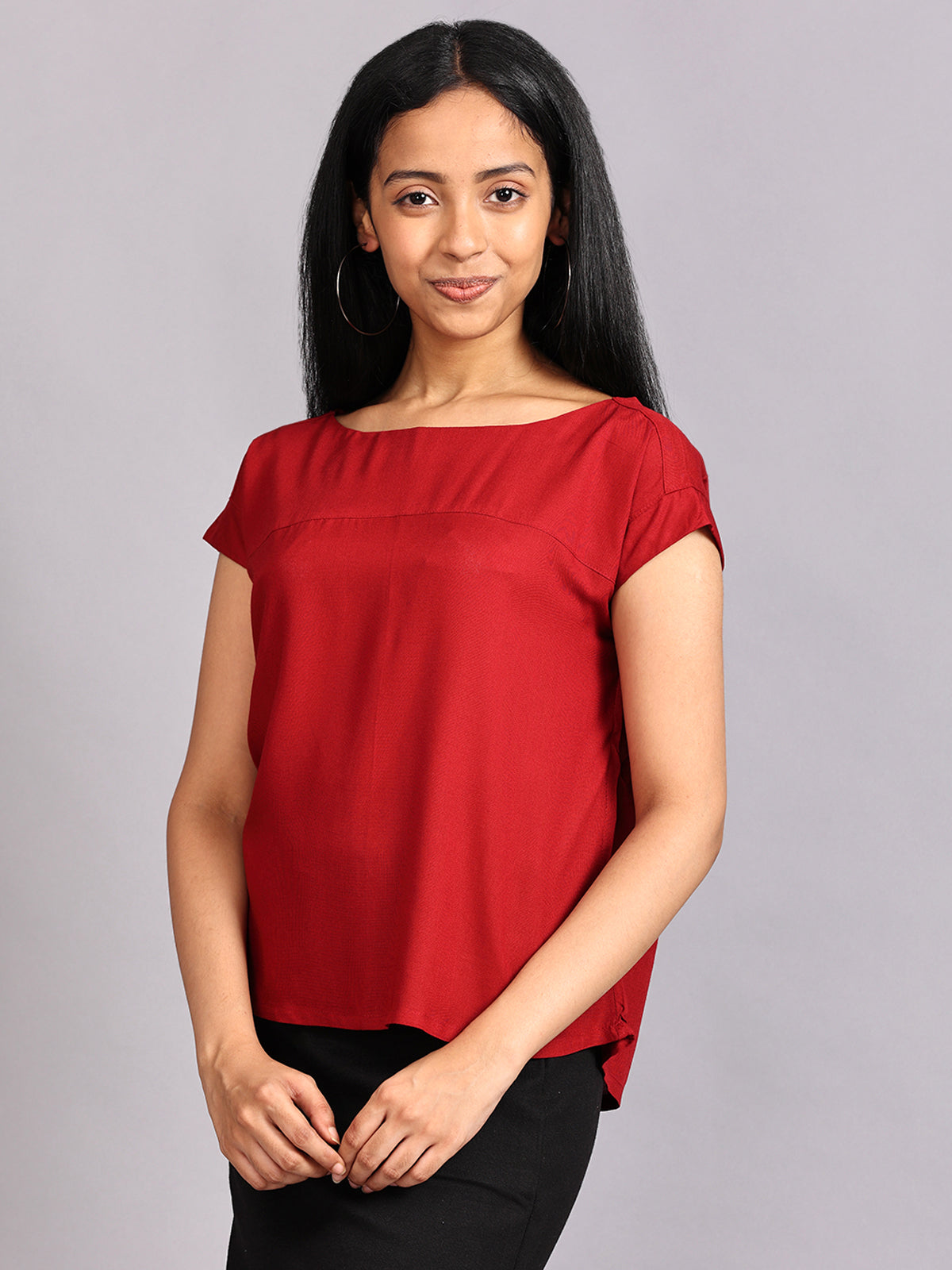 Boat Neck Red Woven Top