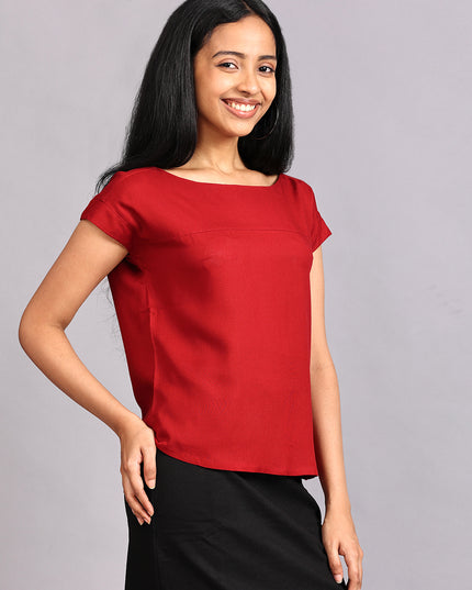 Order Boat Neck Red Woven Top Online