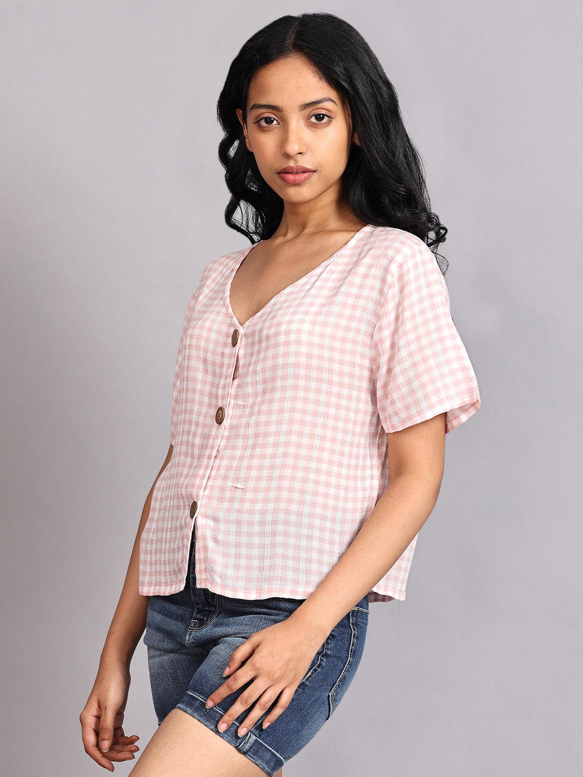 Half Sleeve Crop Top with Buttons Pink