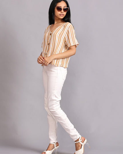 Shop Half Sleeve Crop Top with Buttons Striped online