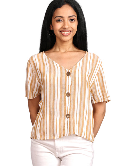 Striped Half Sleeve Crop Top with Buttons Available Online