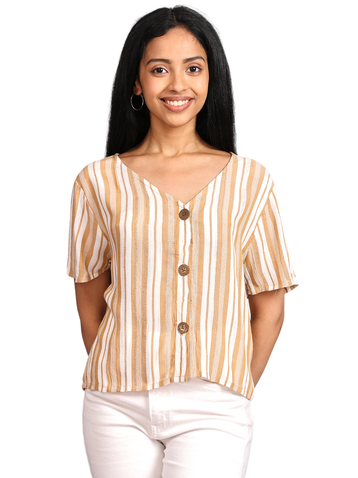 Half Sleeve Crop Top with Buttons Striped