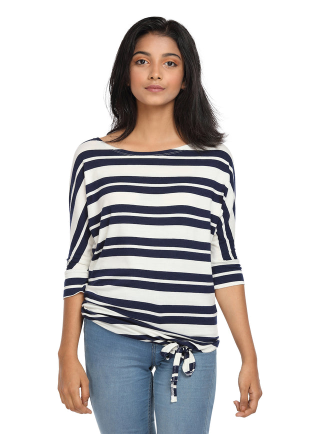 Striped Knit Top with a Knot Navy & White Boat Neck - GENZEE