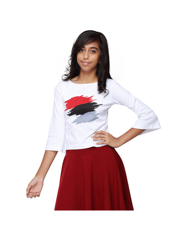 Bell sleeves white crop top with abstract print in Red colour
