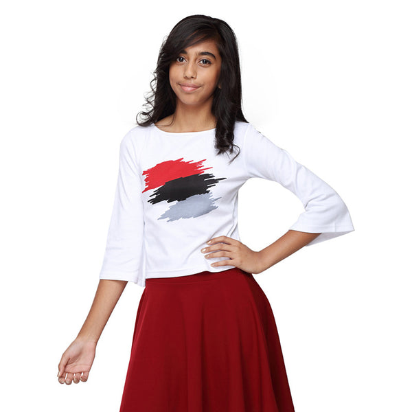 Bell Sleeve Crop Top with Red Abstract Print – GENZEE
