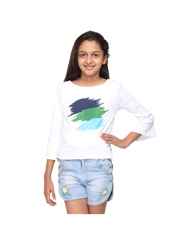 Bell sleeves white crop top with abstract print in blue colour