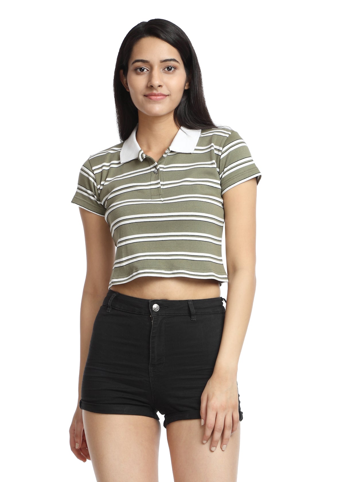 Crop Polo T-shirt green&white striped