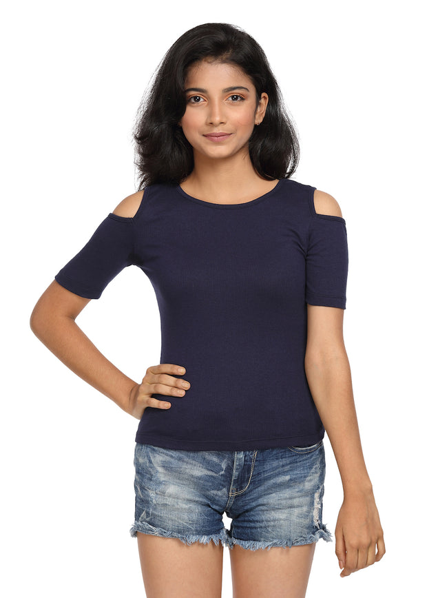 Half Sleeves Ribbed Cold Shoulder Navy Blue Top with a Cross Back - GENZEE