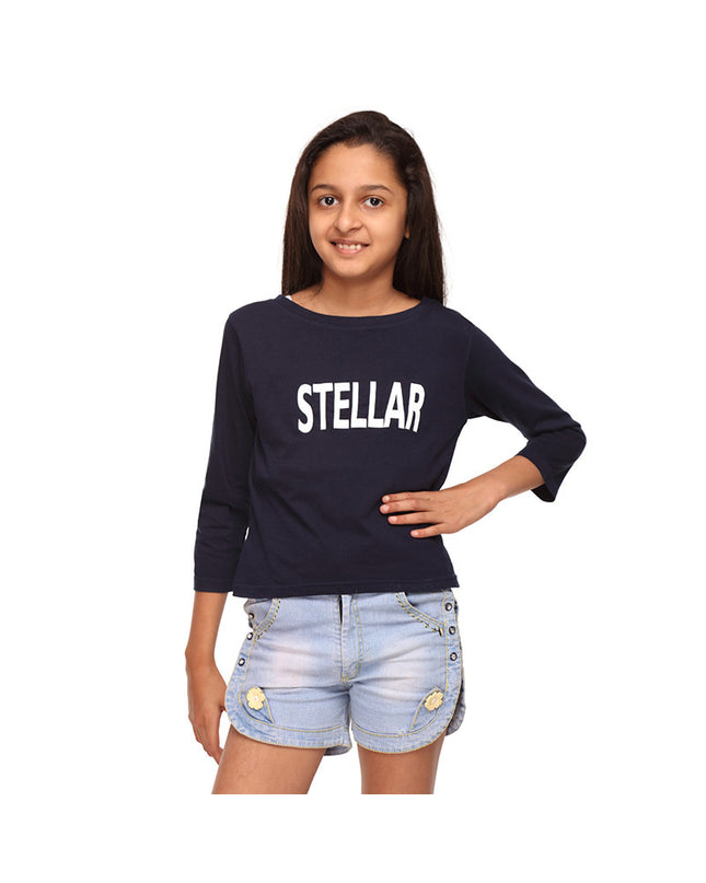 Navy Blue Knit Crop Tee   (Stellar) - GENZEE