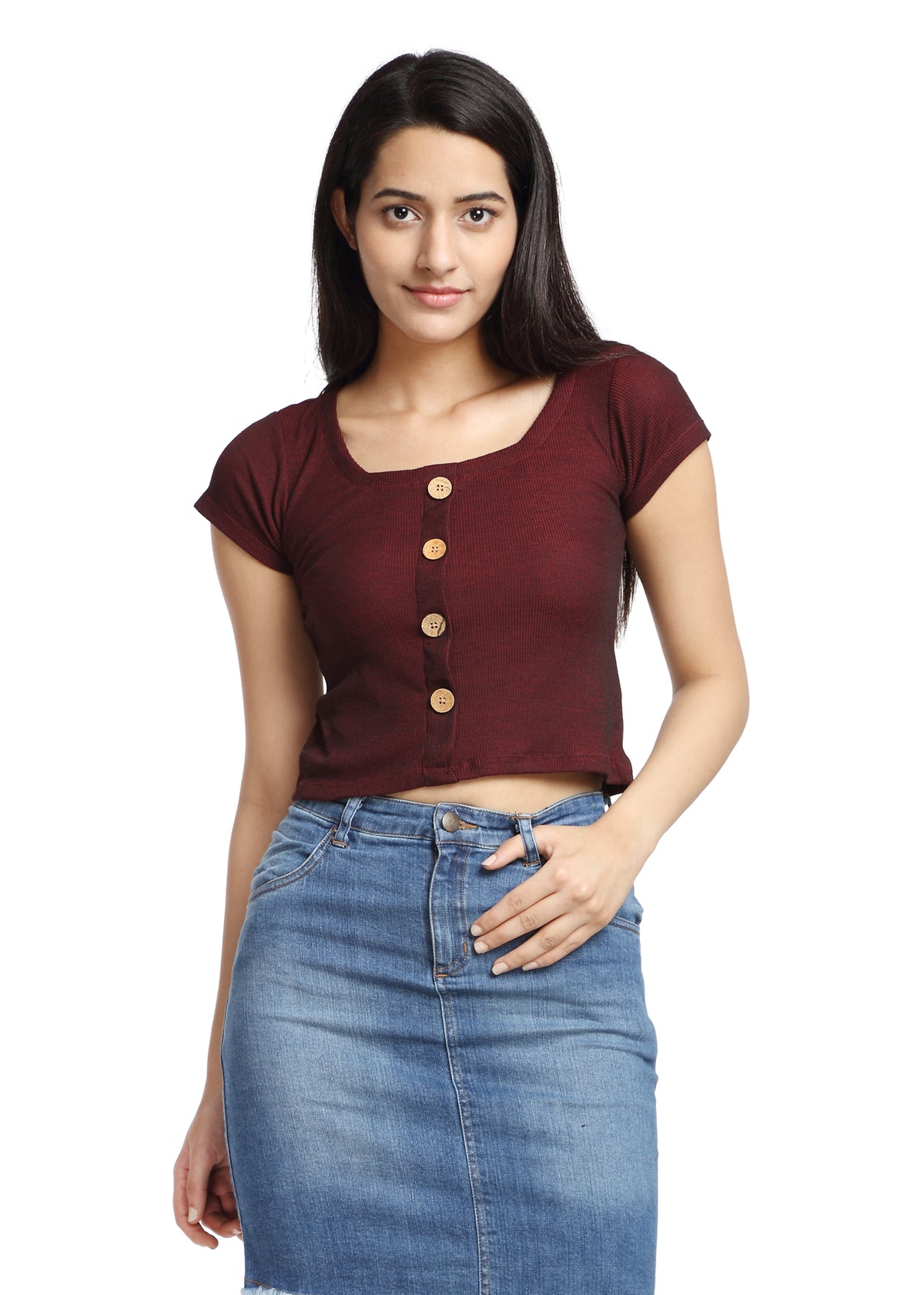 Maroon Ribbed knit crop top with buttons