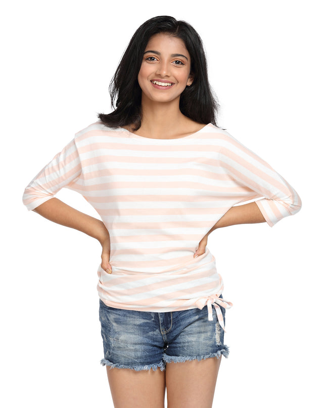 Striped Top with a Knot Peach & White Boat Neck - GENZEE