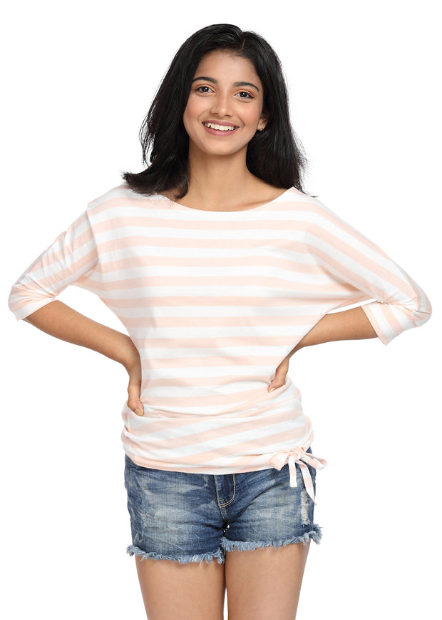Striped Top with a Knot Peach & White Boat Neck - GENZEE