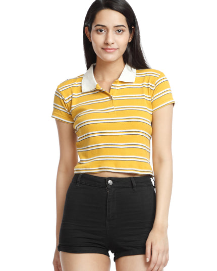 Shop Crop Polo T-shirt yellow&white striped online