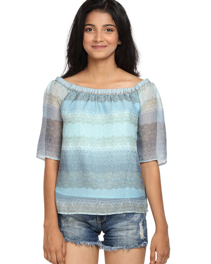 Blue Printed Georgette Bardot Top On/Off Shoulder - GENZEE