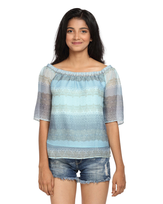 Blue Printed Georgette Bardot Top On/Off Shoulder - GENZEE