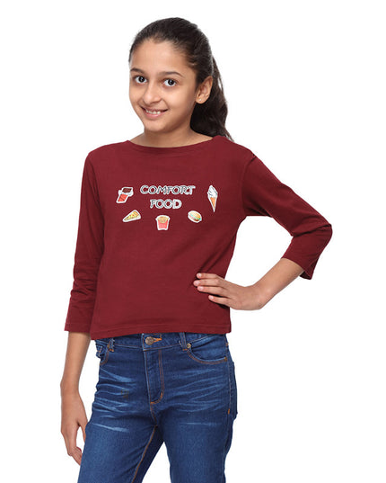 Maroon Crop Tee with Comfort Food Print - GENZEE