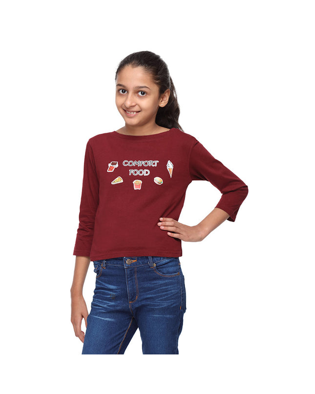 Maroon Crop Tee with Comfort Food Print - GENZEE