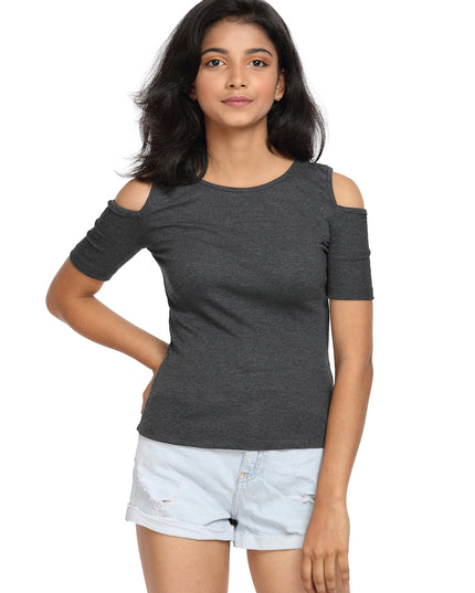 Half Sleeve Ribbed Cold Shoulder Grey Top with a Cross Back - GENZEE