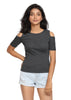 Half Sleeve Ribbed Cold Shoulder Grey Top with a Cross Back - GENZEE