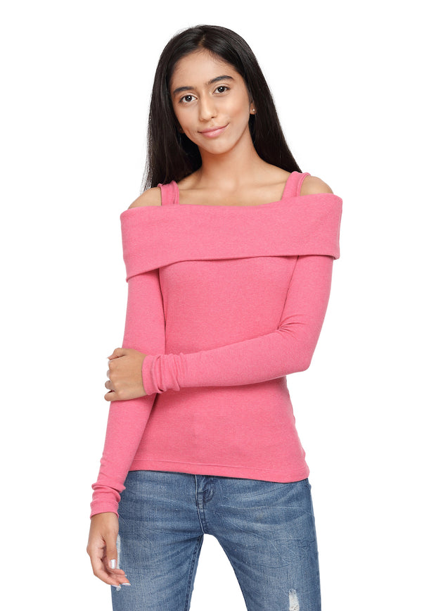 Fold-Over Top Ribbed Pink On/Off Shoulder with Detachable Straps - GENZEE
