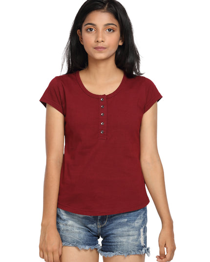 Maroon Knit Half Sleeves Round Neck Top with Buttons - GENZEE