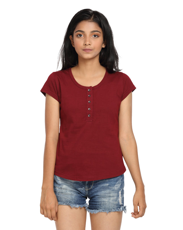 Maroon Knit Half Sleeves Round Neck Top with Buttons - GENZEE