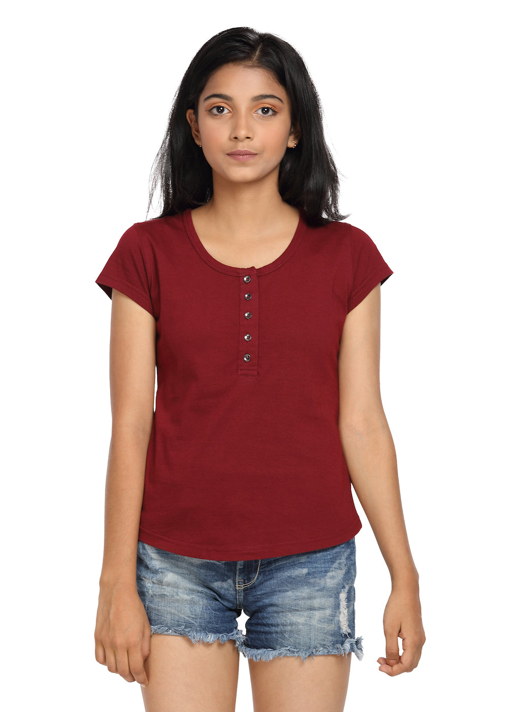 Maroon Knit Half Sleeves Round Neck Top with Buttons - GENZEE