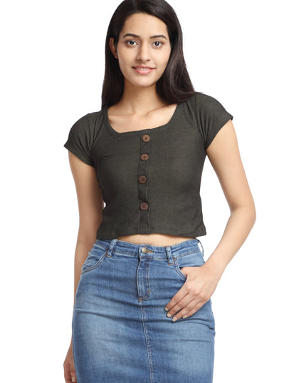 Fashionable Green Ribbed Knit Crop Top with Buttons - Buy Online Today
