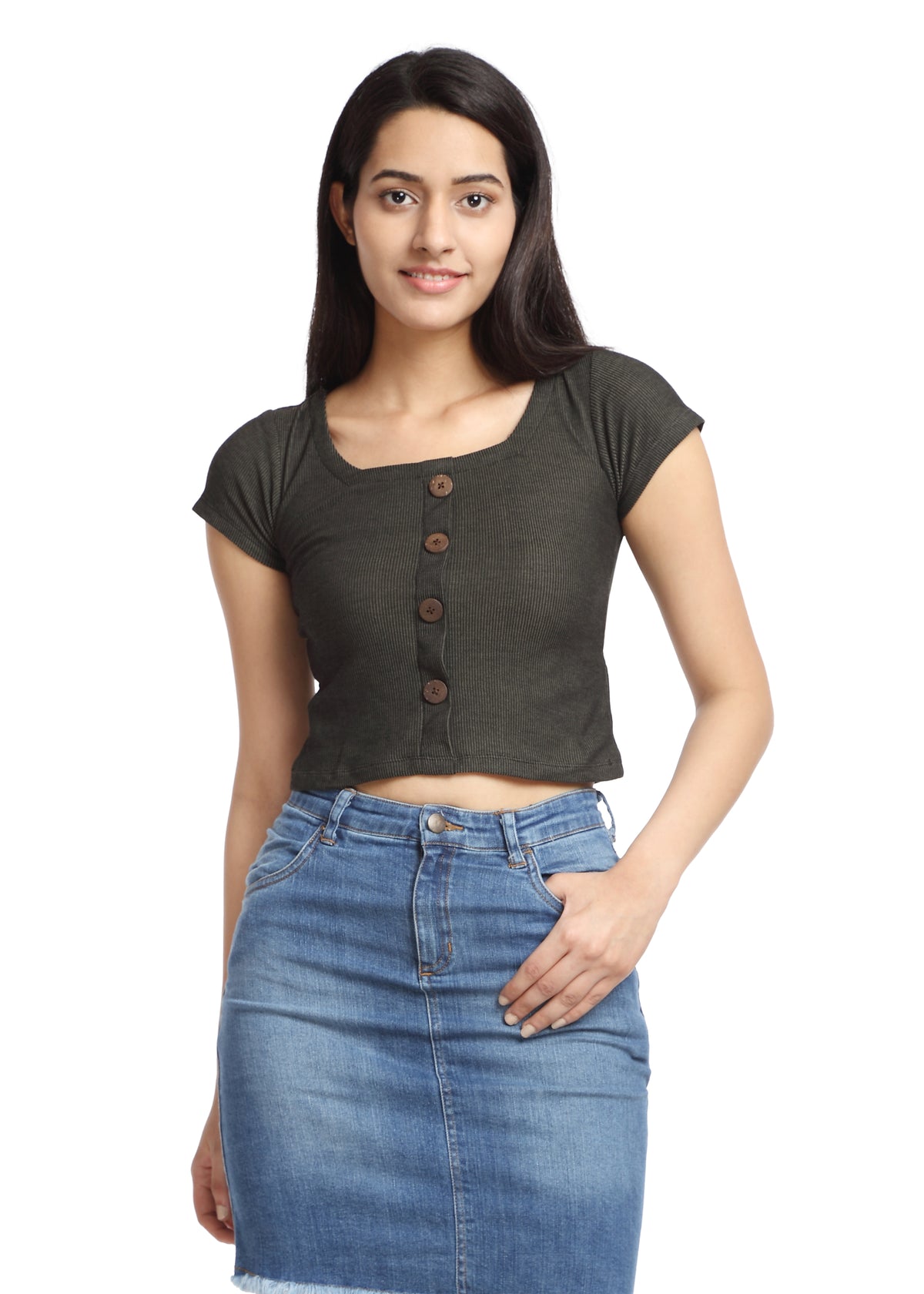 Green Ribbed knit crop top with buttons